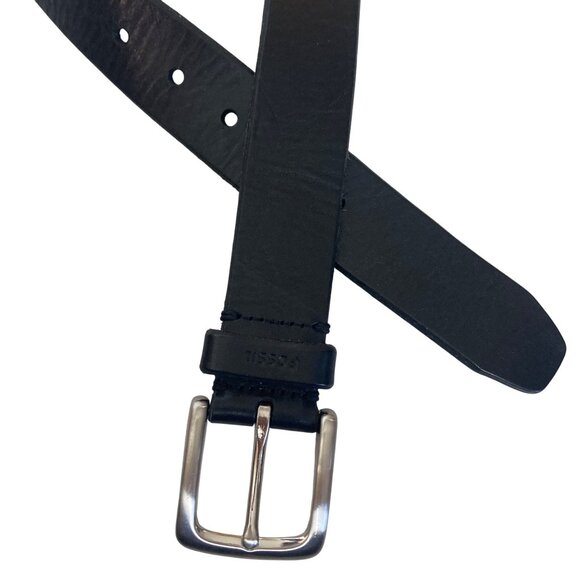 Fossil Mens Black Genuine Leather Belt Size 44 Silver Tone Buckle - Picture 2 of 12